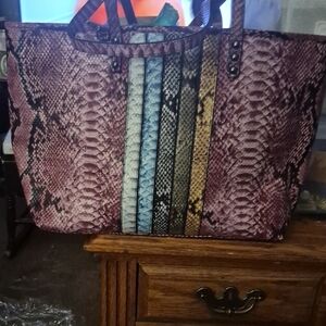 Badgley Mischka Pink Snake-Print Tote with Multi-Striped Center BRAND NEW